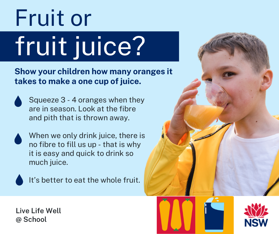 Boy drinking glass of juice, dot point explaining why fruit is better than fruit juice