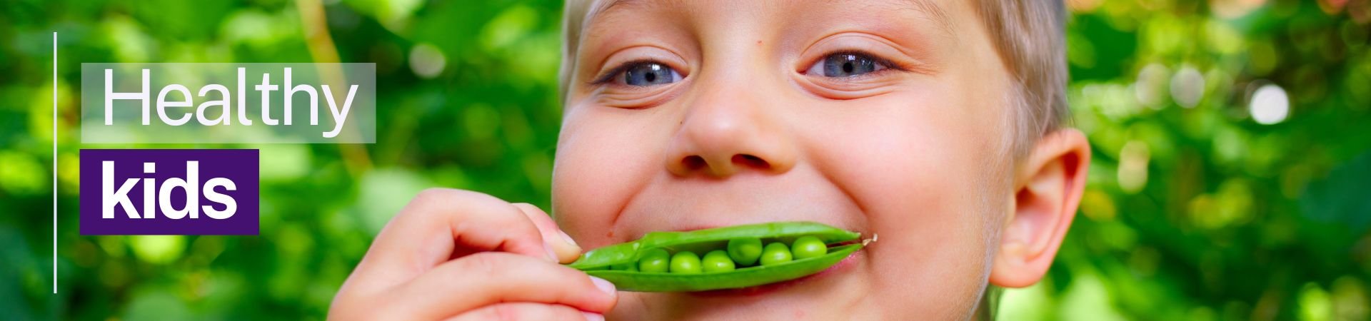Banner of healthy kids. Boy holding up a snow pea to his mouth. 