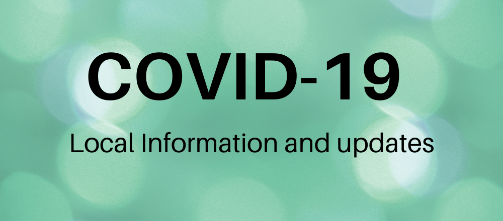 Green background with the words "COVID-19 local information and updates"