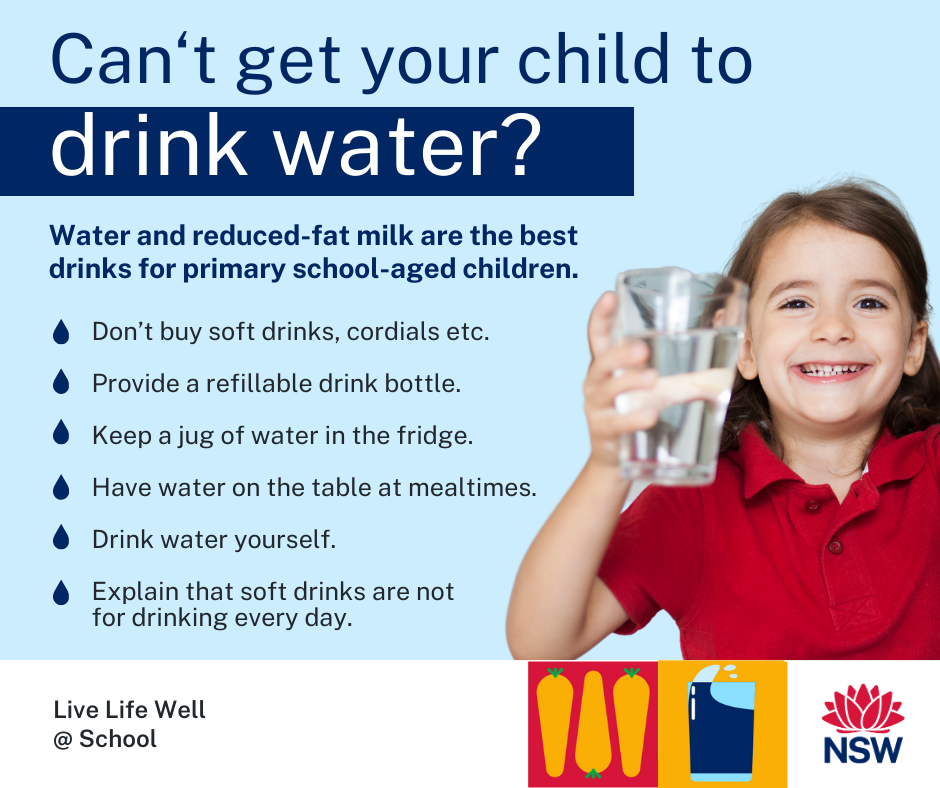 Image with dot points of what to do when you can't get your child to drink water
