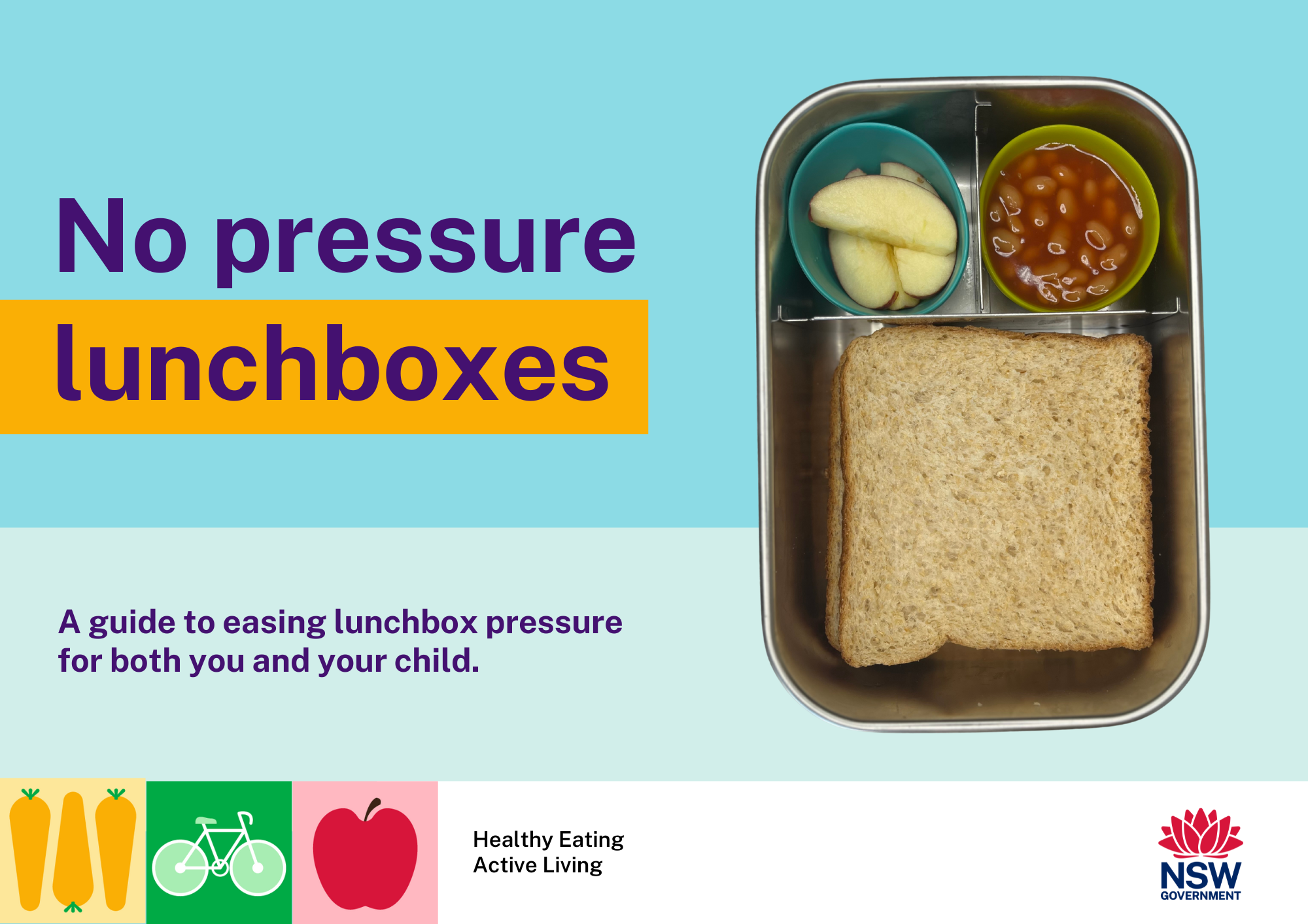 a bright blue background with a metal lunch box containing a wholemeal sandwich, apples slices in a small turquoise container and baked beans in a small yellow container. The words say No pressure lunchboxes. A guide to easing lunchbox pressure for both you and your child