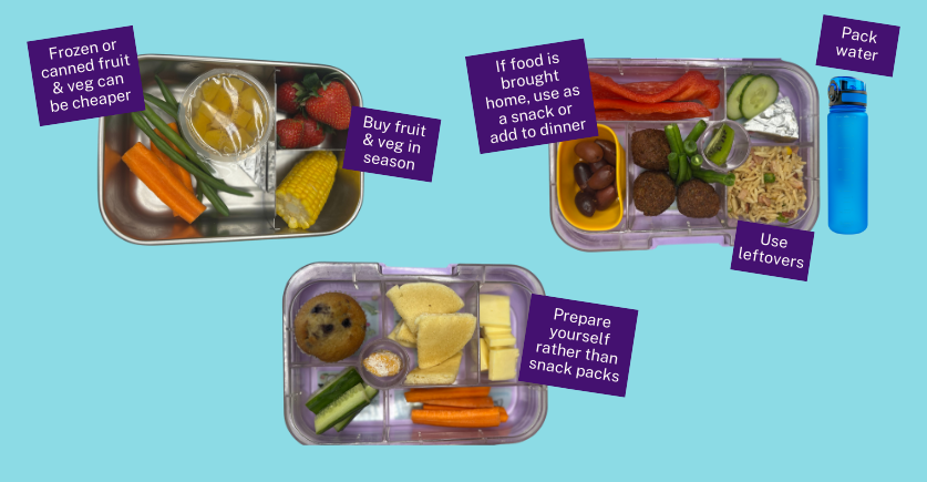 3 lunchboxes showing different foods to display the text under money-saving tips