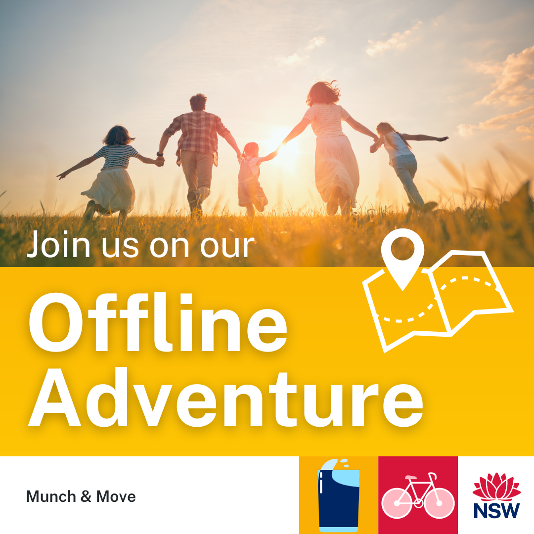 2 adults and 3 children holding hands, running off towards a sunset. The wording says 'join us for an offline adventure'.