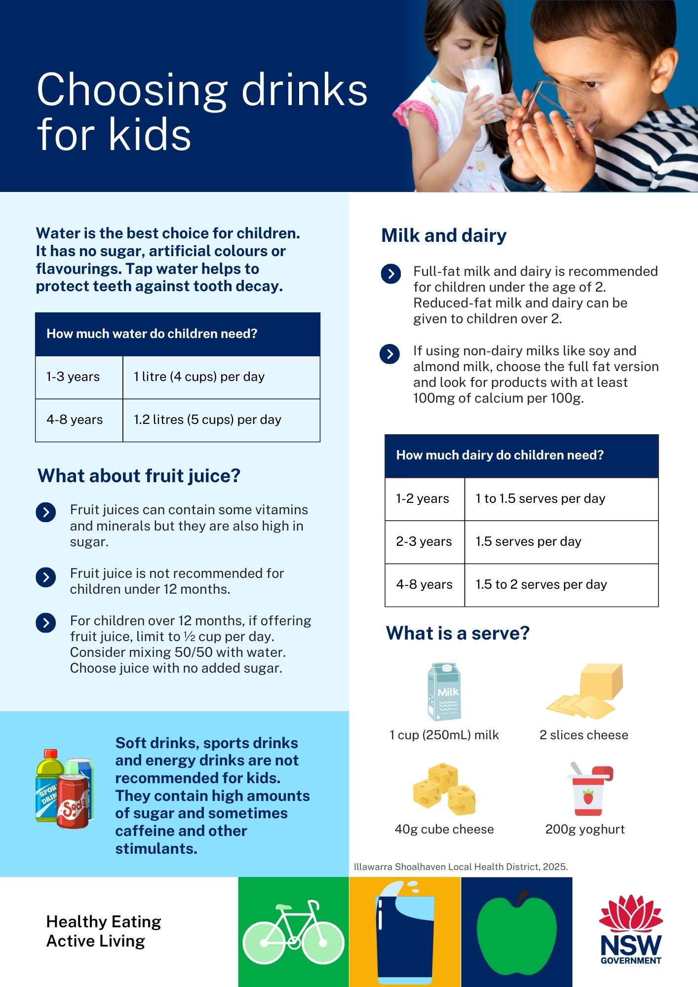 Blue flyer with two school aged children drinking water