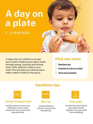 Image of yellow factsheet with 1-year-old boy eating toast 