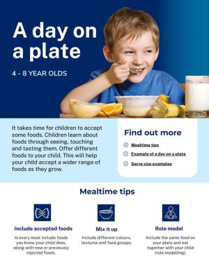 Image of blue factsheet with 6-year-old boy eating cereal 