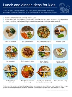 Blue factsheet with 12 lunch and breakfast ideas on plates 