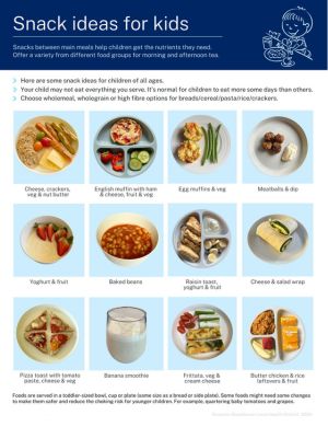 Blue factsheet with 12 snack ideas on plates 