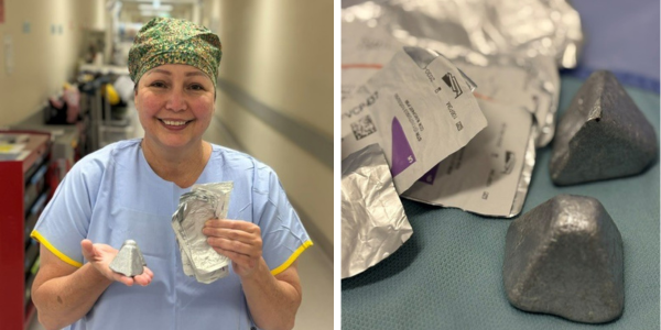 Wollongong Hospital Theatre Nurse Unit Manager, Kindra Ryder with the aluminium suture wrappers and the recycled 'puck'. 