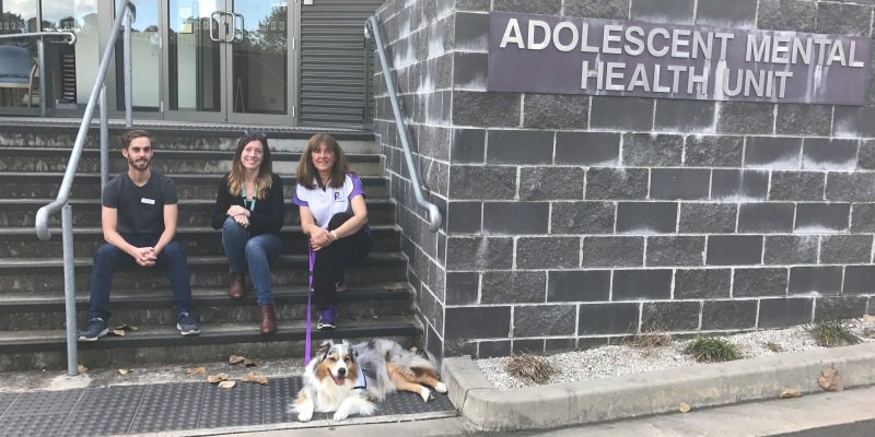 Staff sitting on front steps of building with dog