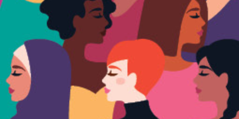 Bright button with drawings of women