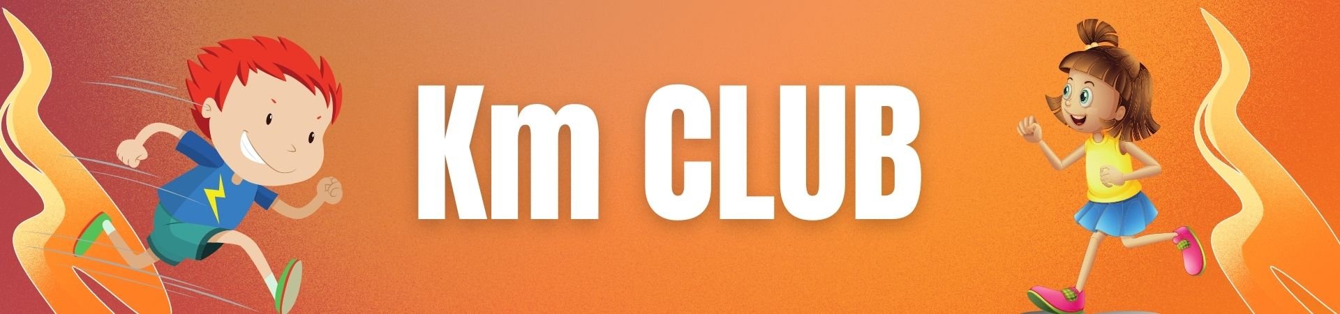 Orange banner with words KM Clu and two cartoon characters running.