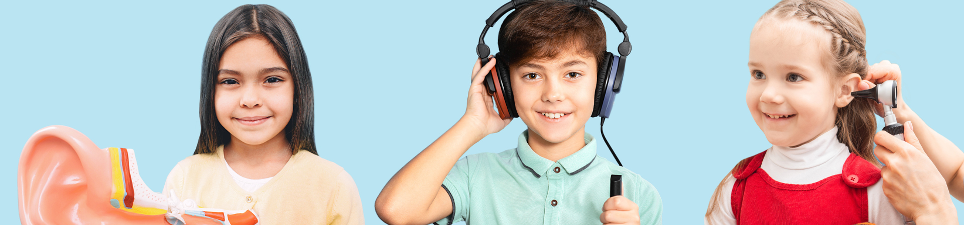 Montage of happy children getting hearing tests