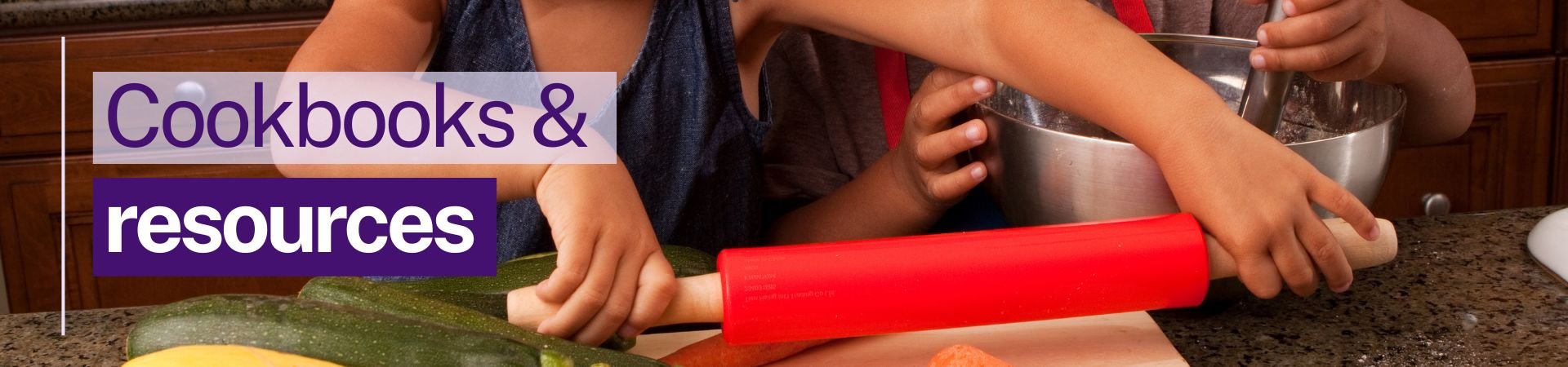 Banner for cookbooks and resources. Image of two children cooking with chef hats. 